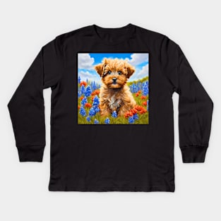 Yorkipoo Puppy in Texas Wildflower Field Kids Long Sleeve T-Shirt